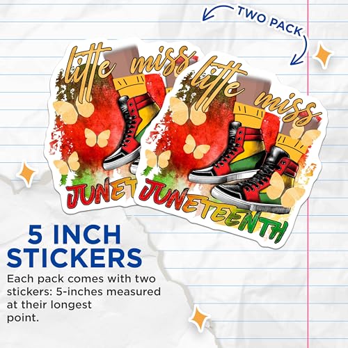 (2 Pack) Little Miss Juneteenth Stickers - Colorful Sneakers - Butterfly Art - 5" On Longest Side - Sticks to Smooth Flat Surfaces - Made in USA - BMCS7844