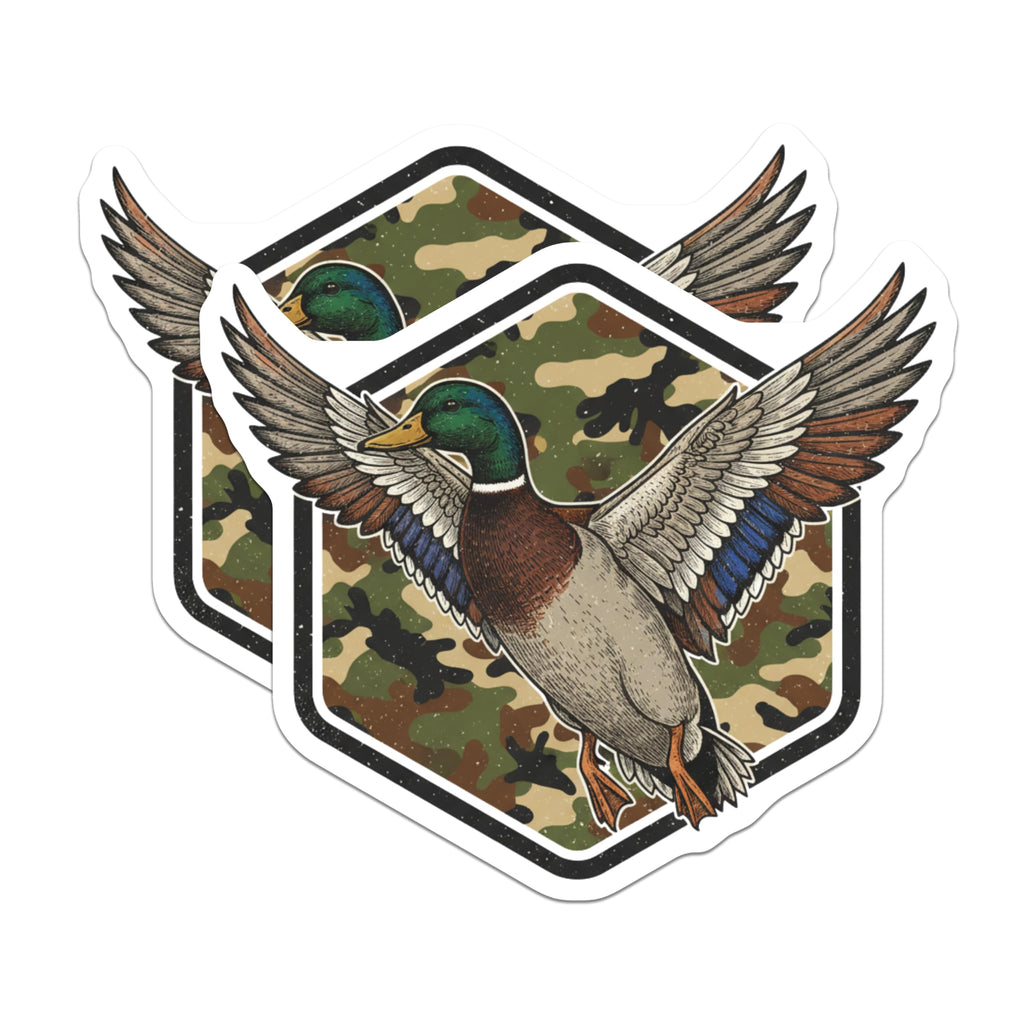 (2 Pack) Flying Duck Stickers - Camouflage Background - Birding Wildlife Stickers - 5" On Longest Side - Sticks to Smooth Flat Surfaces - Made in USA - BMCS17332
