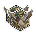 (2 Pack) Flying Duck Stickers - Camouflage Background - Birding Wildlife Stickers - 5" On Longest Side - Sticks to Smooth Flat Surfaces - Made in USA - BMCS17332