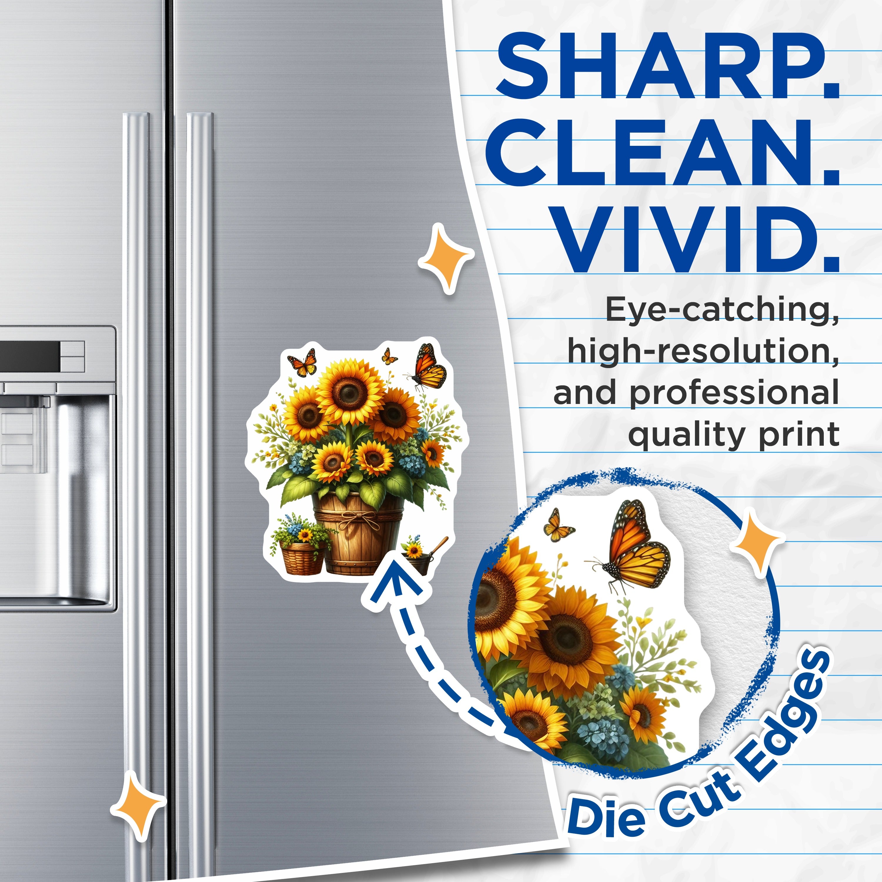 (2 Pack) Sunflower Magnets - Butterfly Floral Decor - Rustic Farmhouse Kitchen Refrigerator Magnet for Summer Spring - 5 Inches On Longest Side - Thick Durable Magnet - Made in USA - MAG38878