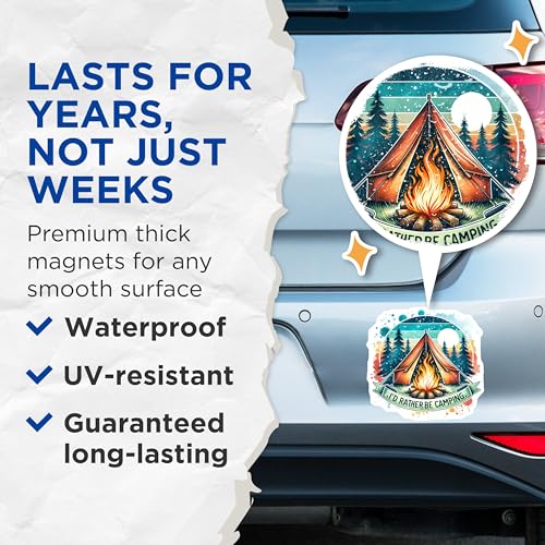 (2 Pack) I'd Rather Be Camping Magnets - Campfire Tent Magnets - Outdoor Adventure Magnets - 5" On Longest Side - for Cars, Fridges, Toolboxes - Made in USA - MAG6639