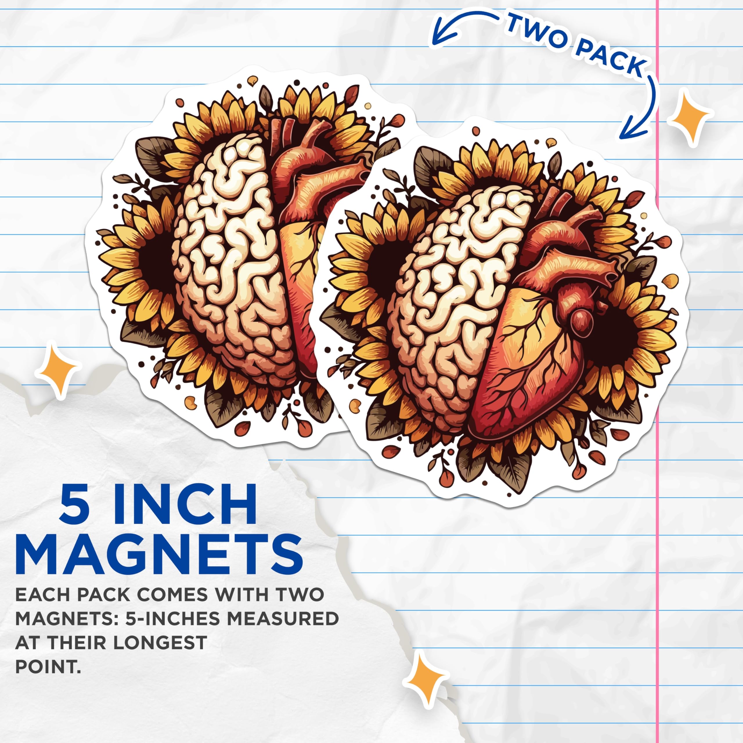 (2 Pack) Brain Heart Magnets - Sunflower Art Decor - Mind Body Connection - 5 Inches On Longest Side - Thick Durable Magnet - Made in USA - MAG20057