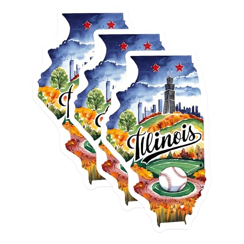 (3 Pack) Illinois Decals - Chicago Skyline - Baseball Stickers- 3 Inches On Longest Side - Easy Peel & Apply - Made in USA - 3MCS5040