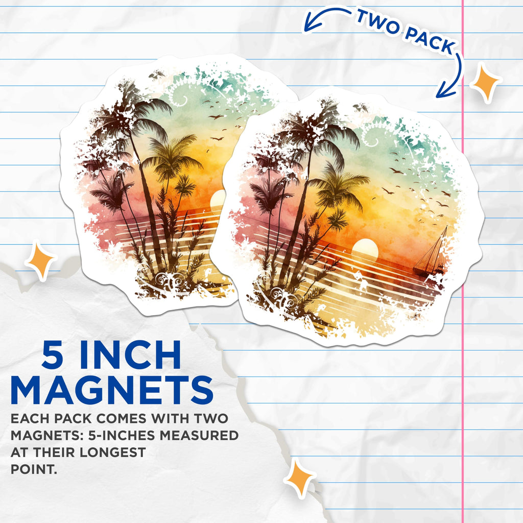 (2 Pack) Tropical Sunset Magnets - Beach Scene Decor - Ocean Lover Aesthetic - Summer Vacation Art - 5 Inches On Longest Side - Thick Durable Magnet - Made in USA - MAG30736