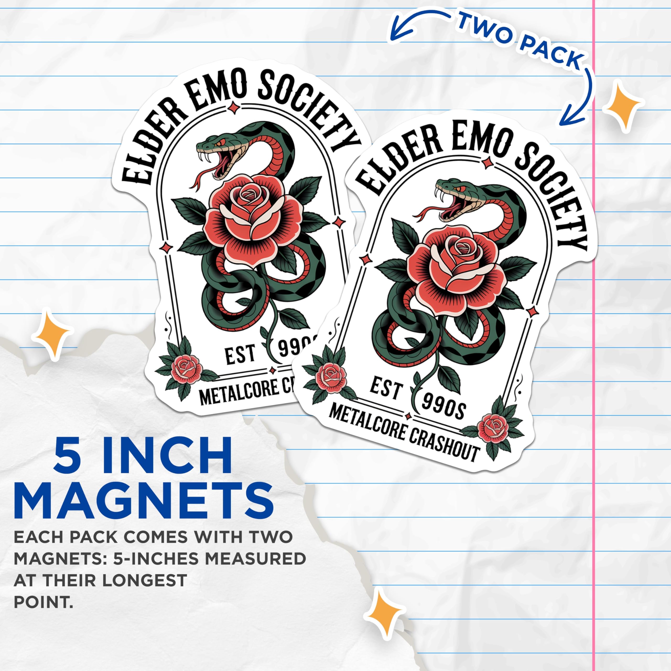 (2 Pack) Elder Emo Society Magnets - 90s Emo Metalcore Crashed Out - Snake Rose Tattoo Style - Retro Alternative Fan Art - 5 Inches On Longest Side - Thick Durable Magnet - Made in USA - MAG20906
