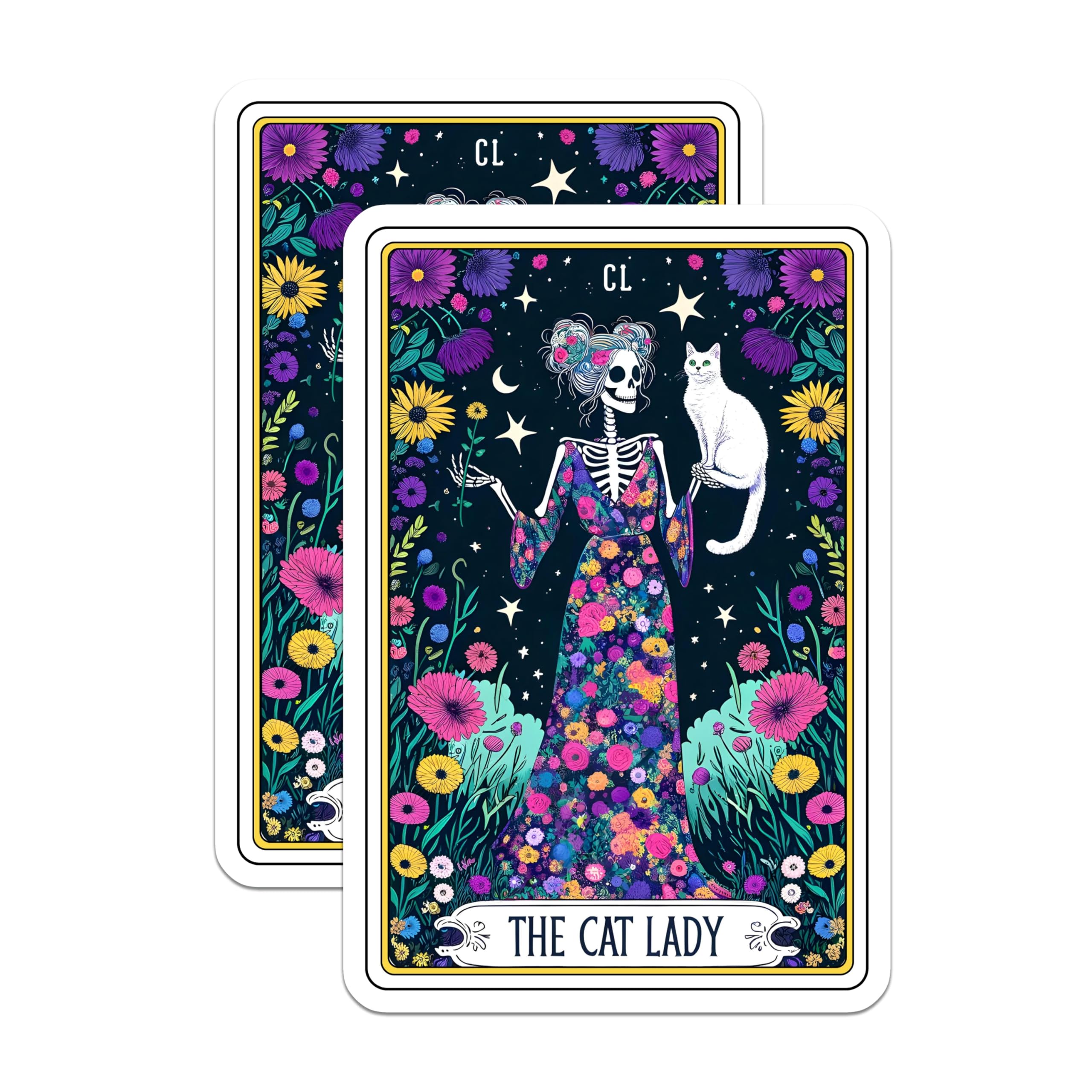 (2 Pack) Cat Lady Skeleton Magnets - Whimsical Day of Dead Cat Decor - Vibrant Floral Mystic Art - 5 Inches On Longest Side - Thick Durable Magnet - Made in USA - MAG30914
