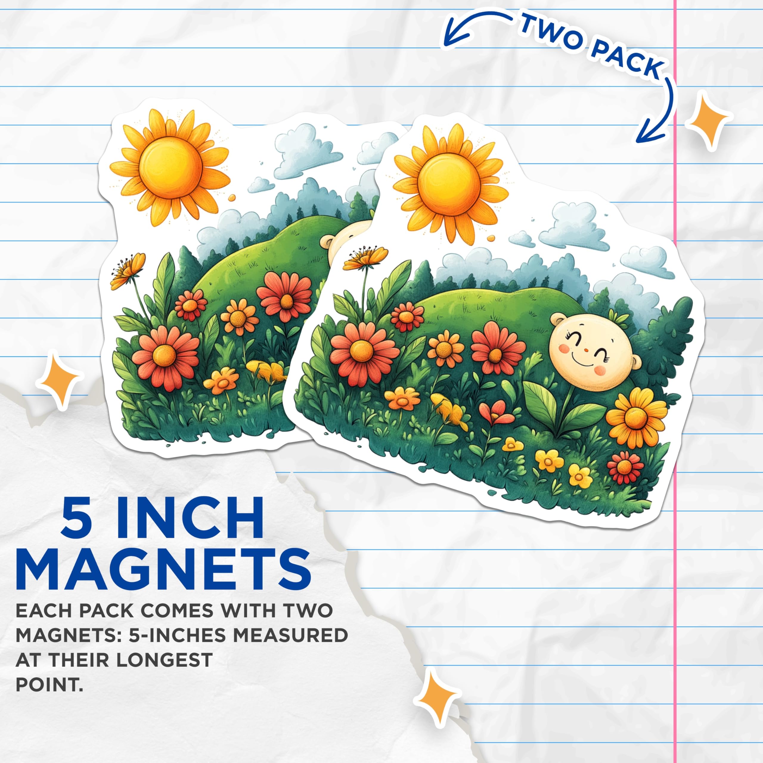 (2 Pack) Happy Flower Face Magnets - Whimsical Nature Decor - Nursery Fridge Art for Kids - Bright Kitchen - 5 Inches On Longest Side - Thick Durable Magnet - Made in USA - MAG26698