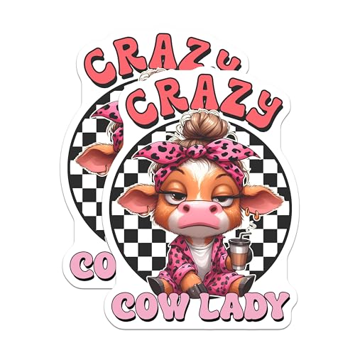(2 Pack) Crazy Cow Lady Stickers - Cute Cow Design - Funny Animal Stickers - 5" On Longest Side - Sticks to Smooth Flat Surfaces - Made in USA - BMCS3779