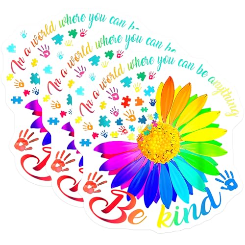 (3 Pack) Autism Awareness Decals - Rainbow Flower - Be Kind Stickers - 3 Inches On Longest Side - Easy Peel & Apply - Made in USA - 3MCS2289
