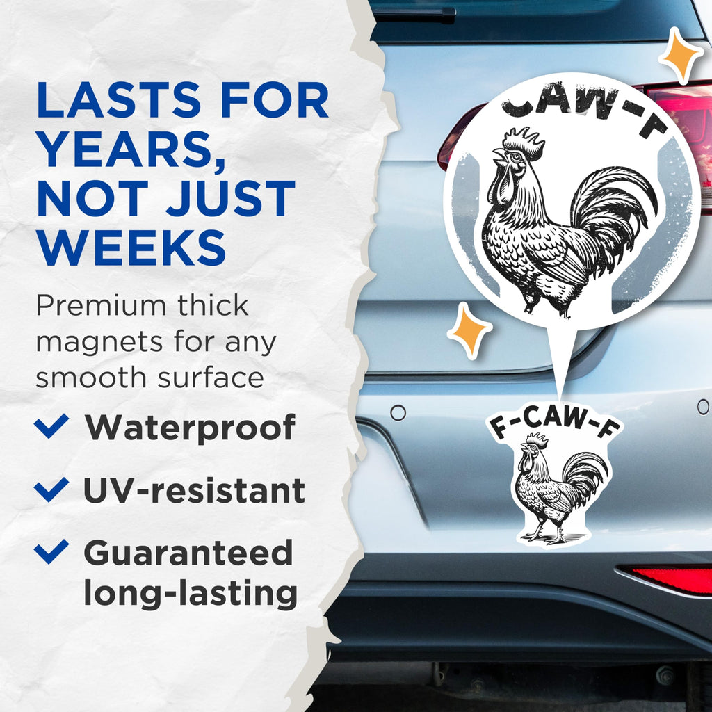 (2 Pack) F-CAW-F Magnets - Rooster Illustration - Funny Chicken Magnet - 5" On Longest Side - Premium Magnet - for Cars, Refrigerators, Toolboxes, Lockers - Made in USA - MAG16153