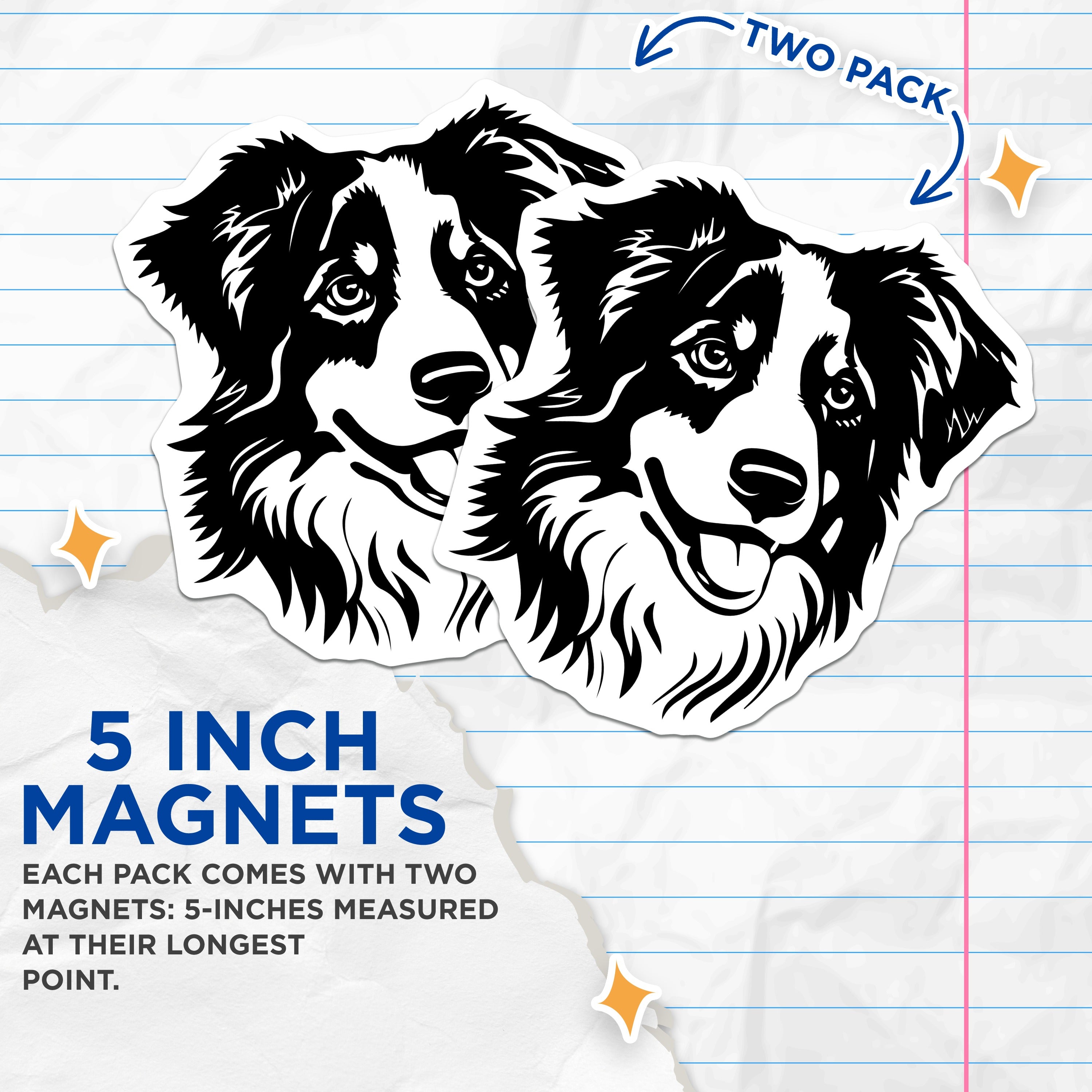 (2 Pack) Australian Shepherd Magnets - Aussie Dog Breed Art - Pet Owner Refrigerator Decor - Animal Lover Canine Merch - 5 Inches On Longest Side - Thick Durable Magnet - Made in USA - MAG36604