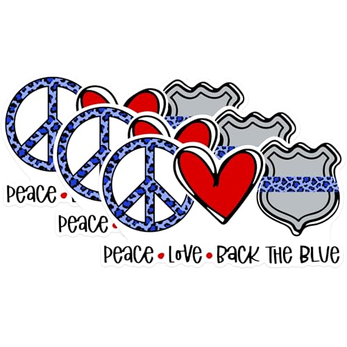 (3 Pack) Back The Blue Decals - Police Support Sticker - Peace Love Police Laptop Decals - 3 Inches On Longest Side - Easy Peel & Apply - Made in USA - 3MCS1227