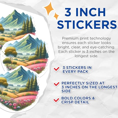 (3 Pack) Mountain Landscape Decals - Nature Scenery Stickers - Floral Meadow Art - 3 Inches On Longest Side - Easy Peel & Apply - Made in USA - 3MCS1165