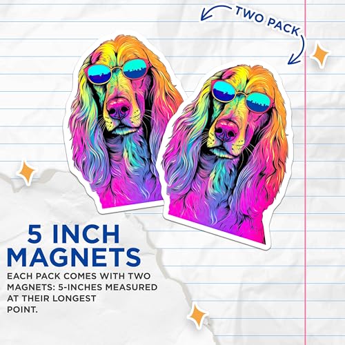 (2 Pack) Cool Dog Magnets - Colorful Dog Magnets - Funky Animal Art Magnets - Canine Sunglasses Magnets - 5" On Longest Side - for Cars, Fridges, Toolboxes - Made in USA - MAG7237