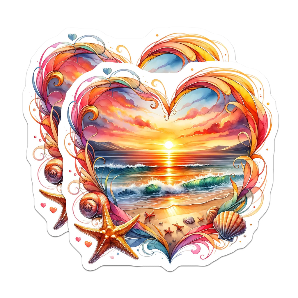 (2 Pack) Beach Heart Stickers - Ocean Sunset Art - Seashell Starfish Decals- 5" On Longest Side - Sticks to Smooth Flat Surfaces - Made in USA - BMCS16462