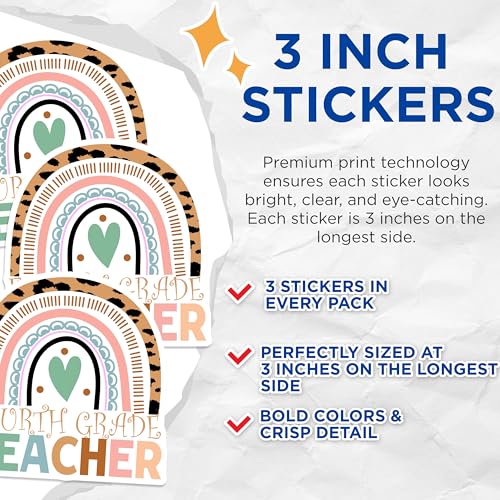 (3 Pack) Fourth Grade Teacher Decals - Leopard Rainbow Stickers - Educator Appreciation Decals - 3 Inches On Longest Side - Easy Peel & Apply - Made in USA - 3MCS7563