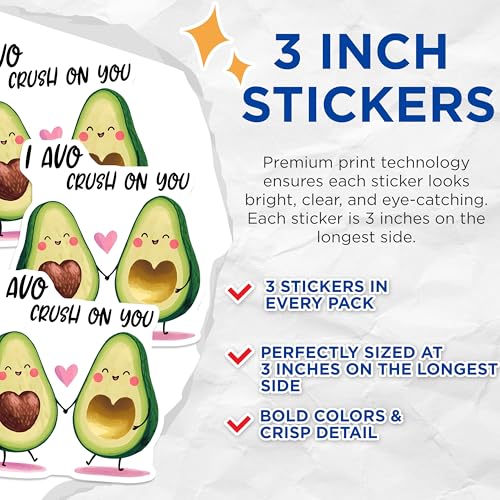 (3 Pack) Avocado Decals - I AVO Crush on You - Cute Foodie Decal - 3 Inches On Longest Side - Easy Peel & Apply - Made in USA - 3MCS7145