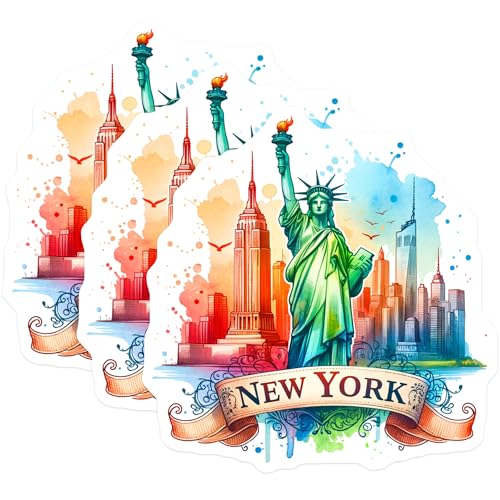 (3 Pack) New York Decals - Statue of Liberty Stickers - NYC Skyline- 3 Inches On Longest Side - Easy Peel & Apply - Made in USA - 3MCS5797