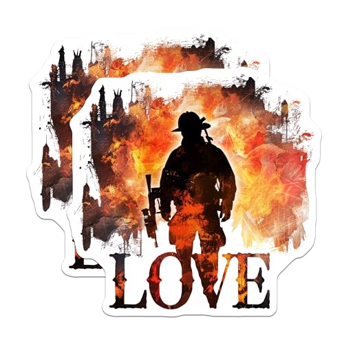 (2 Pack) Firefighter Love Stickers - Firefighter Appreciation - Firefighter Art - Inspirational Firefighter Gift Stickers - 5" On Longest Side - Sticks to Smooth Flat Surfaces - Made in USA - BMCS6395