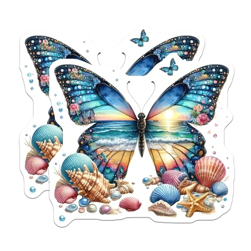 (2 Pack) Seashell Butterfly Stickers - Ocean-Themed Stickers - Sea Life Art - Nature Beach Stickers - 5" On Longest Side - Sticks to Smooth Flat Surfaces - Made in USA - BMCS6420