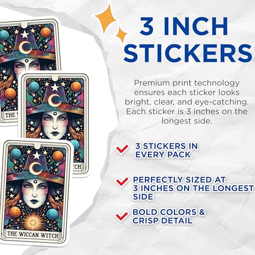 (3 Pack) Wiccan Witch Decals - Tarot Card - Laptop Decal - 3 Inches On Longest Side - Easy Peel & Apply - Made in USA - 3MCS4283
