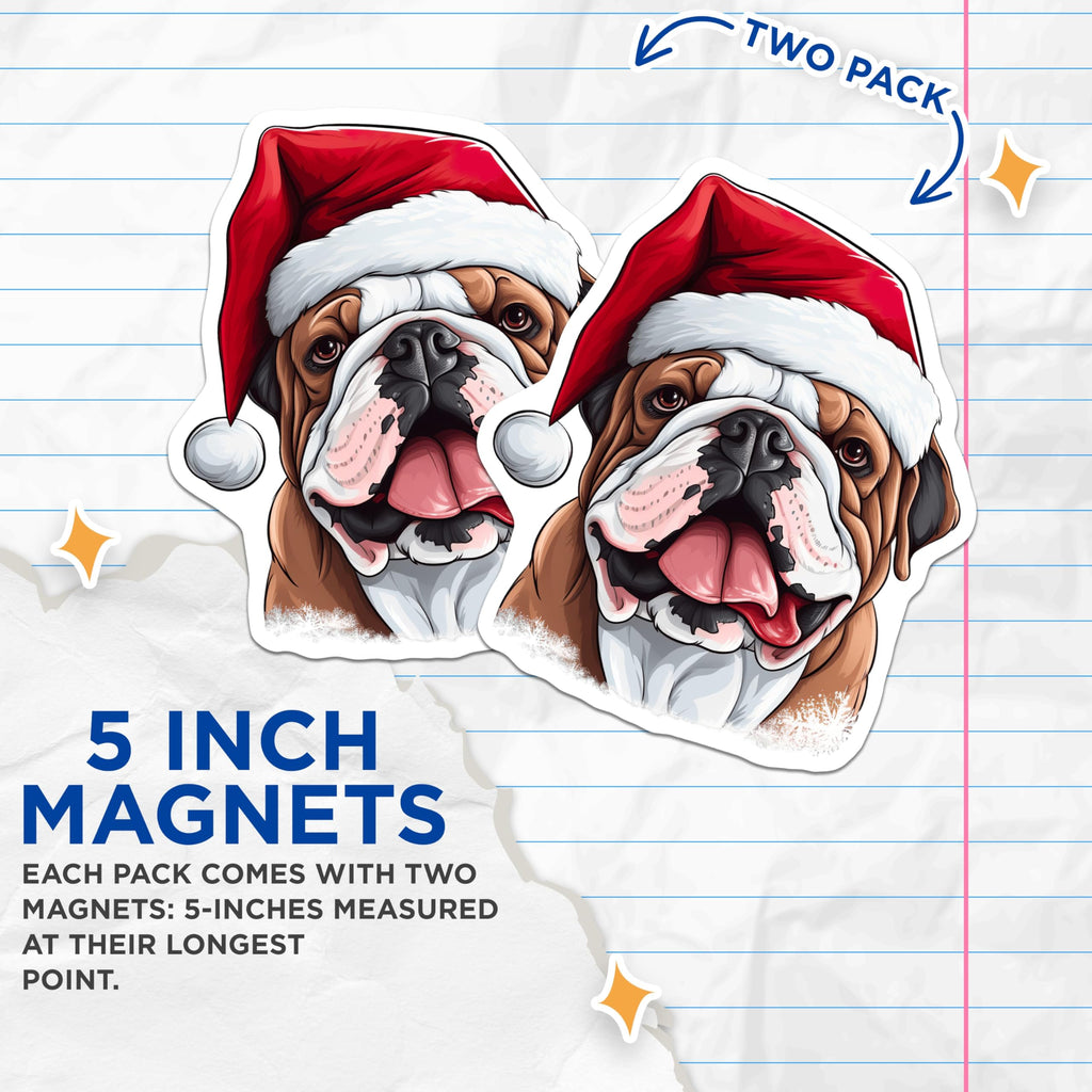 (2 Pack) Christmas Bulldog Magnets - Festive Dog Refrigerator - Santa Hat Animal - Holiday Pet Decor - 5 Inches On Longest Side - Thick Durable Magnet - Made in USA - MAG24825