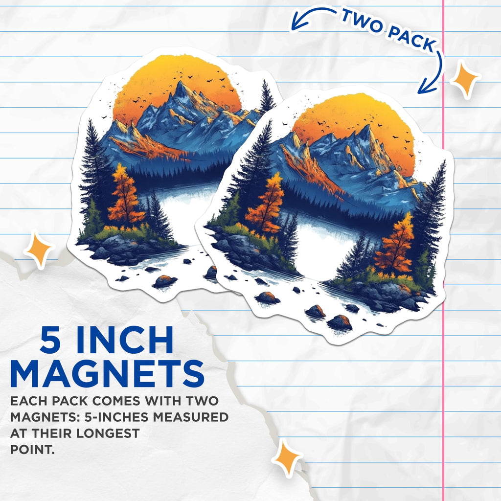 (2 Pack) Scenic Mountain Lake Magnets - Forest Landscape Scene - Nature Lover Camping Refrigerator Decor - 5 Inches On Longest Side - Thick Durable Magnet - Made in USA - MAG30650