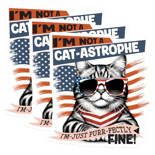 (3 Pack) Cat-Astrophe Decals - Patriotic Feline - Funny Cat Decals - 3 Inches On Longest Side - Easy Peel & Apply - Made in USA - 3MCS4721
