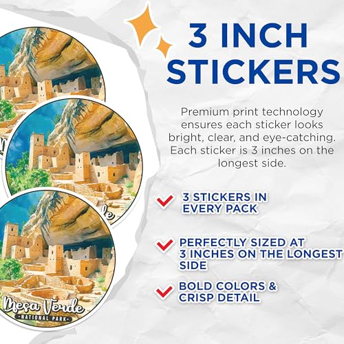 (3 Pack) Mesa Verde Decals - National Park Stickers - Laptop Decal - 3 Inches On Longest Side - Easy Peel & Apply - Made in USA - 3MCS0479