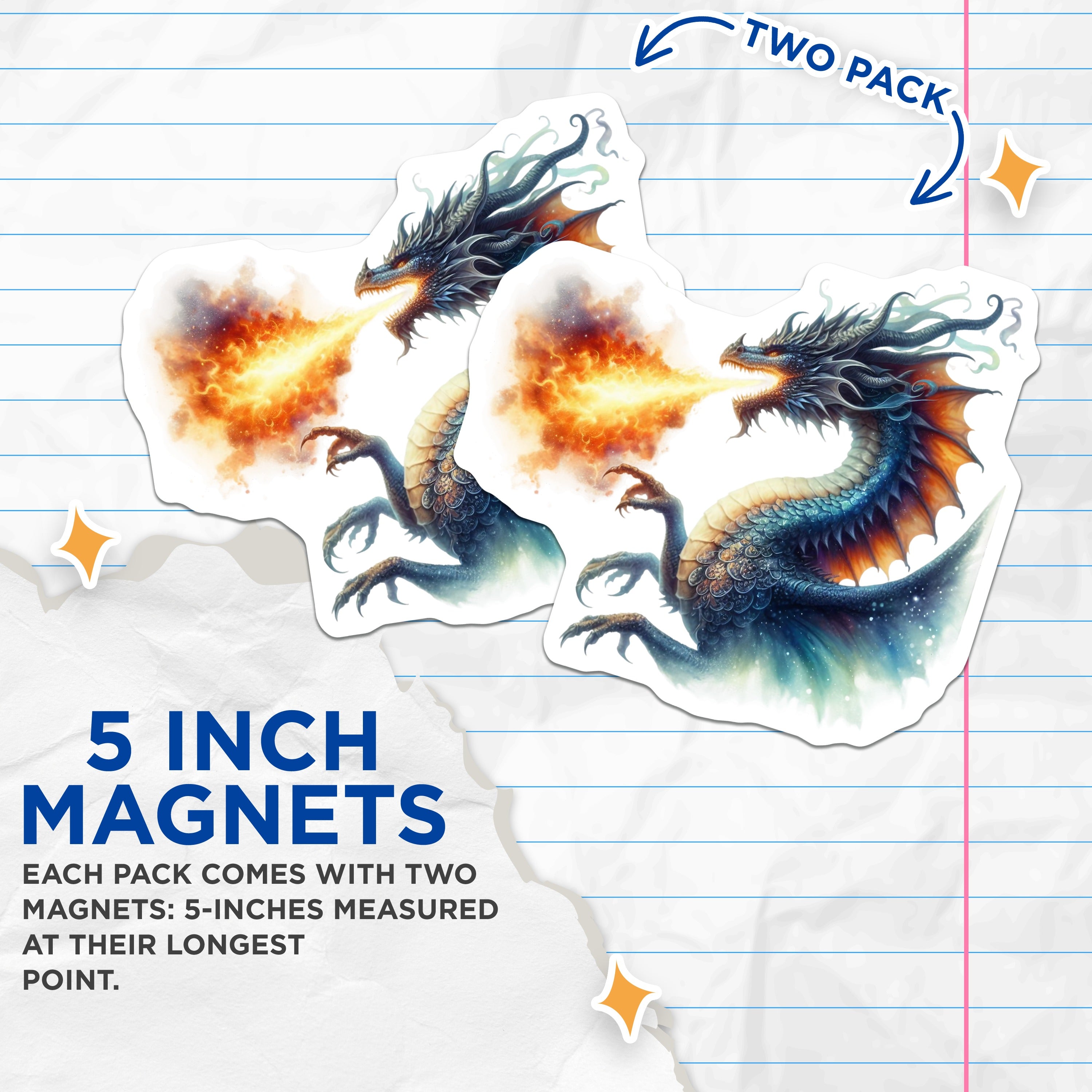 (2 Pack) Fire Dragon Magnets - Fantasy Creature Decor - Mystical Beast Art - RPG Gaming Accessories - Dungeon Master Item - 5 Inches On Longest Side - Thick Durable Magnet - Made in USA - MAG36331