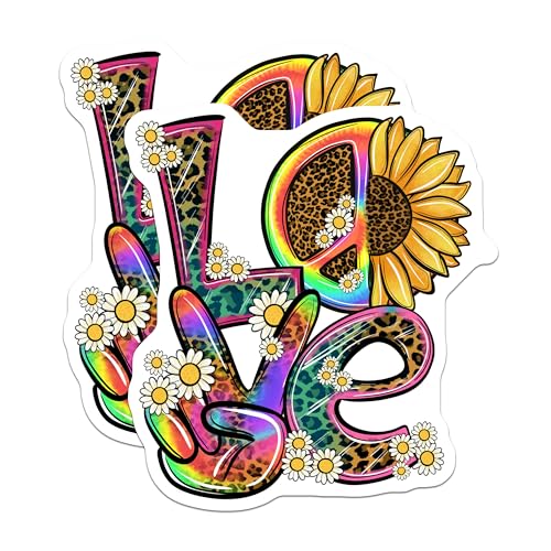 (2 Pack) Love Floral Stickers - Colorful Love Stickers - Leopard Print Peace Stickers - 5" On Longest Side - Sticks to Smooth Flat Surfaces - Made in USA - BMCS6192