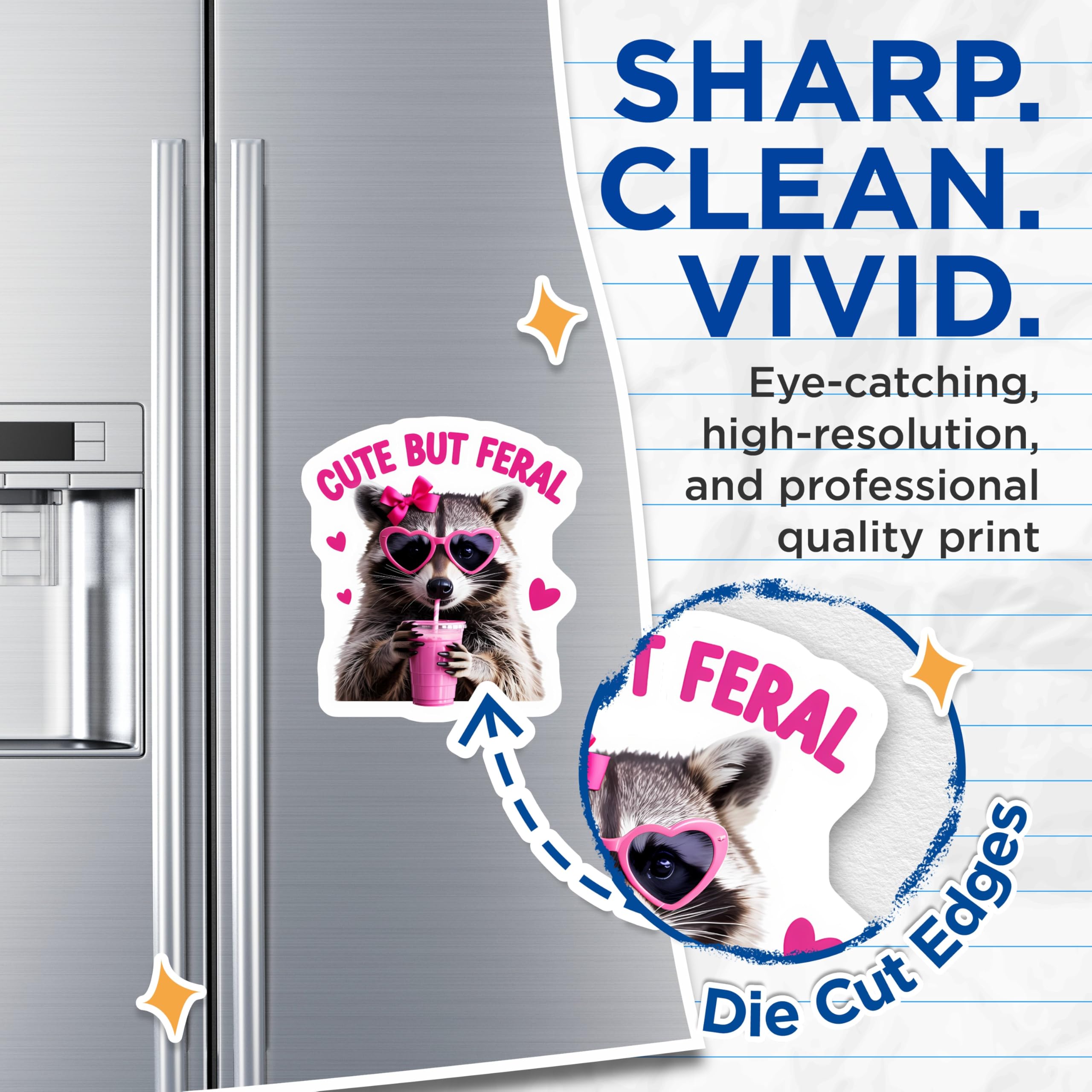 (2 Pack) Cute But Feral Raccoon Magnets - Sassy Animal Art - Pink Bow Heart Sunglasses Refrigerator Decor - 5 Inches On Longest Side - Thick Durable Magnet - Made in USA - MAG21507