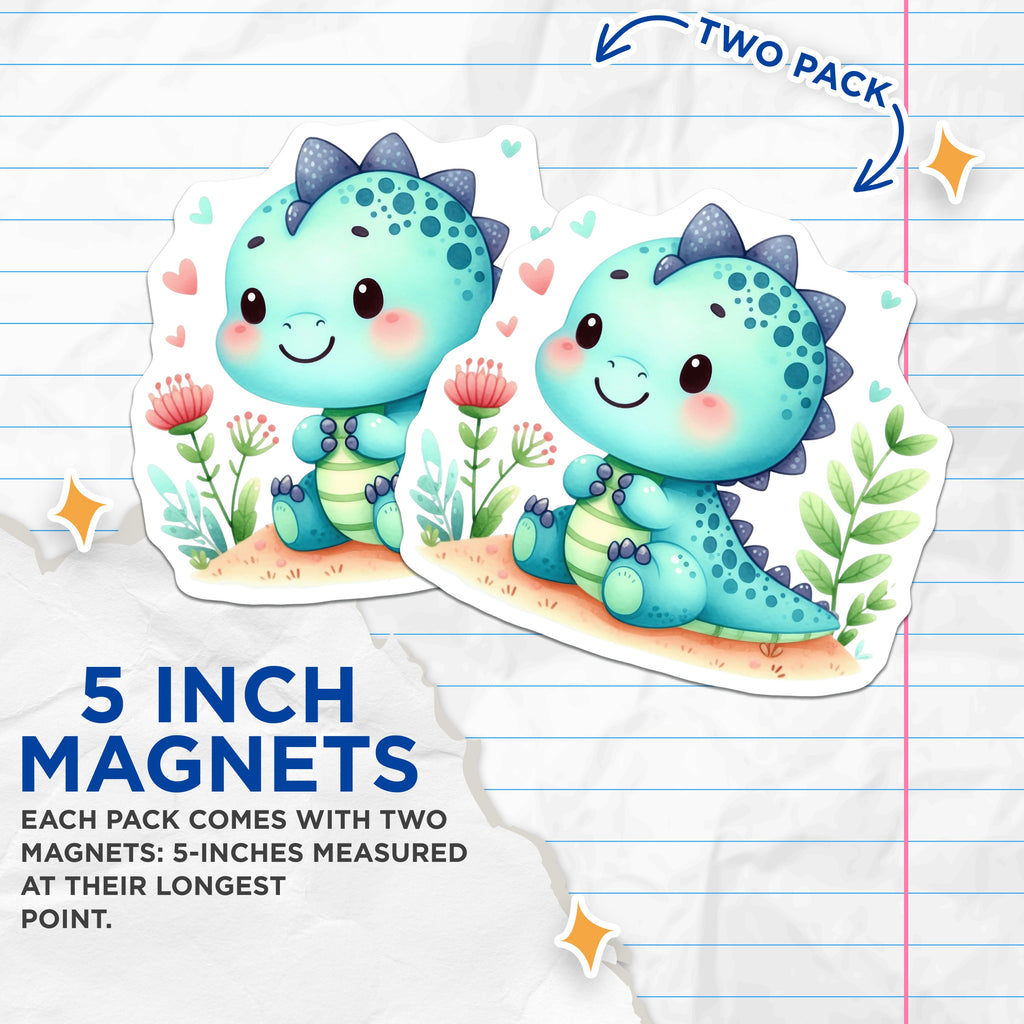 (2 Pack) Cute Baby Dinosaur Magnets - Kawaii Dino Nursery Decor - Kids Room Fridge Locker Refrigerator - 5 Inches On Longest Side - Thick Durable Magnet - Made in USA - MAG37627
