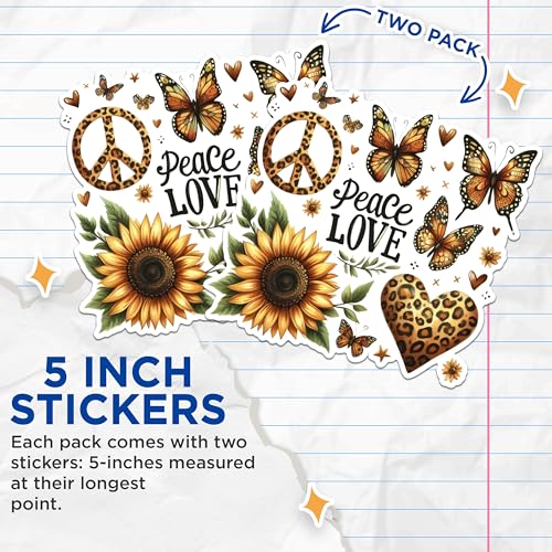 (2 Pack) Peace Love Stickers - Butterfly Stickers - Sunflower Stickers - Leopard Print Stickers - 5" On Longest Side - Sticks to Any Smooth Flat Surface - Made in USA - BMCS2910