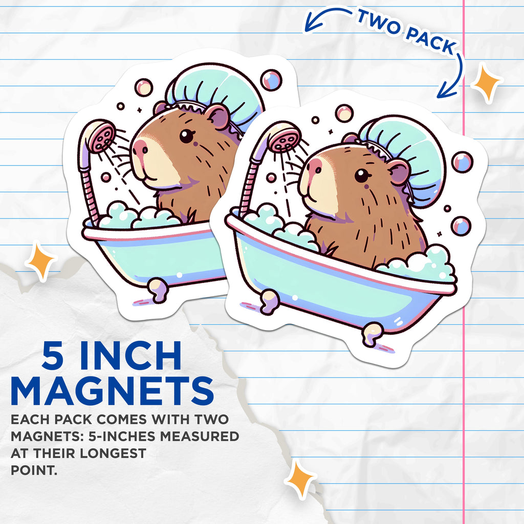 (2 Pack) Capybara Bathtub Magnets - Cute Animal Shower Cap - Kawaii Aesthetic Fridge - Relaxing Critter Decor - 5 Inches On Longest Side - Thick Durable Magnet - Made in USA - MAG38365