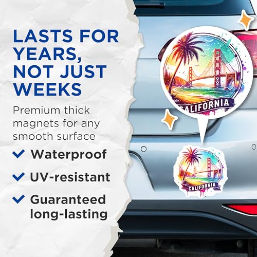 (2 Pack) California State Magnets - Golden Gate Bridge - Colorful Palm Tree Coastal Art - 5" On Longest Side - for Cars, Fridges, Toolboxes - Made in USA - MAG6906
