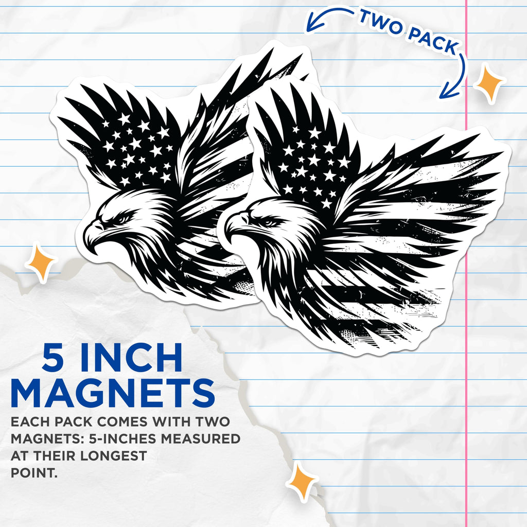 (2 Pack) Eagle Flag Magnets - Patriotic Fridge Decor - American Pride Symbols - 5" On Longest Side - Premium Magnet - for Cars, Refrigerators, Toolboxes, Lockers - Made in USA - MAG16992