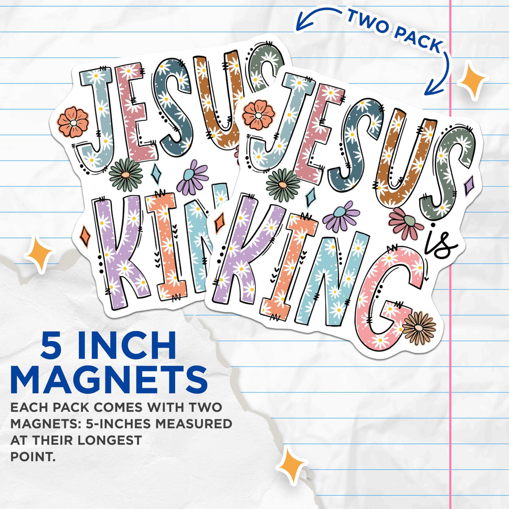 (2 Pack) Jesus is King Magnets - Boho Daisy Christian Decor - Inspirational Faith Art - 5 Inches On Longest Side - Thick Durable Magnet - Made in USA - MAG21858