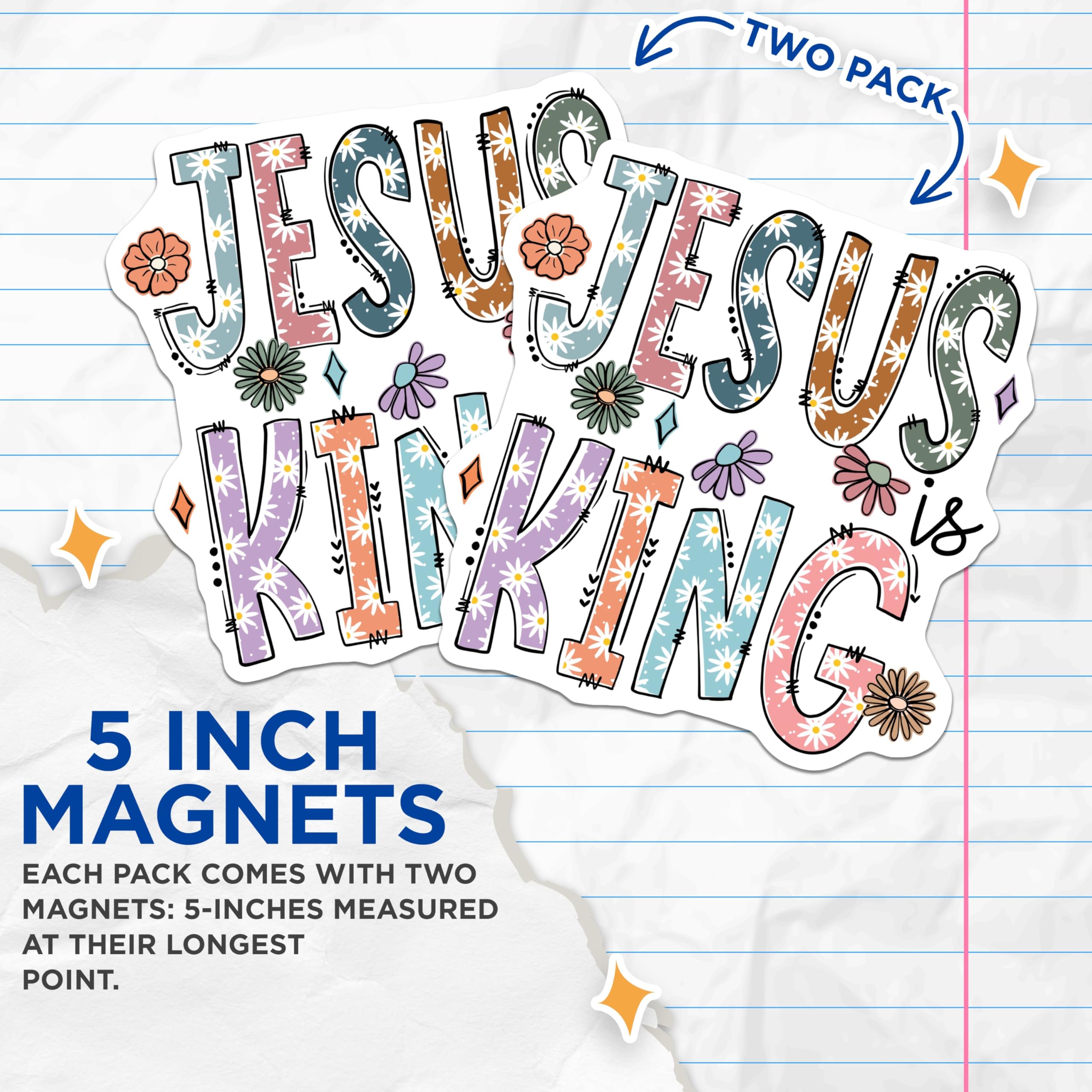 (2 Pack) Jesus is King Magnets - Boho Daisy Christian Decor - Inspirational Faith Art - 5 Inches On Longest Side - Thick Durable Magnet - Made in USA - MAG21858
