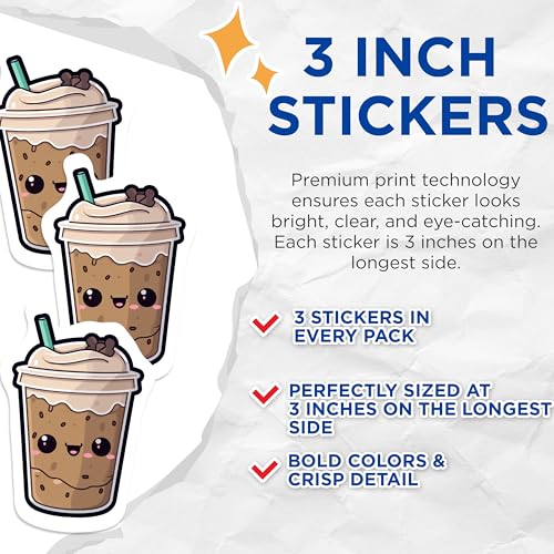 (3 Pack) Cute Coffee Drink Decals - Kawaii Coffee Cup - Anime Laptop Decals - 3 Inches On Longest Side - Easy Peel & Apply - Made in USA - 3MCS1045