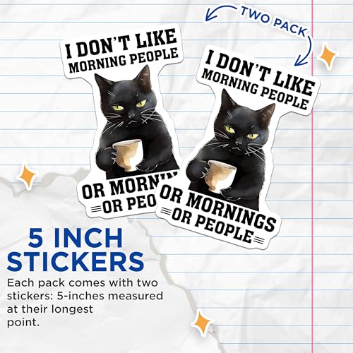 (2 Pack) Funny Cat Stickers - Cat Lover - Morning People Humor Art - 5" On Longest Side - Sticks to Smooth Flat Surfaces - Made in USA - BMCS7738