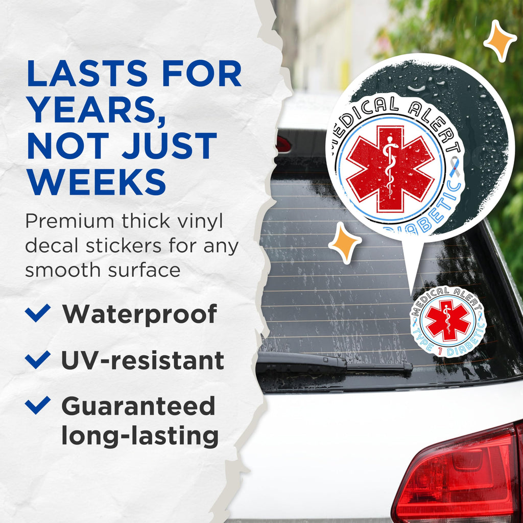 (2 Pack) Medical Alert Type 1 Diabetic Stickers - Emergency Awareness Decals - Health Alert Labels - 5" On Longest Side - Sticks to Smooth Flat Surfaces - Made in USA - BMCS6257