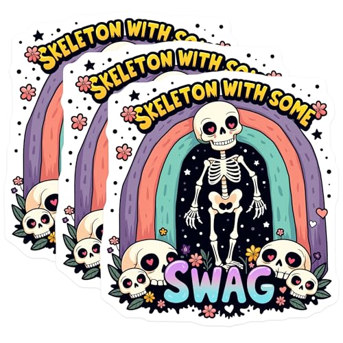 (3 Pack) Swag Skeleton Decals - Heart Eyes Skulls - Rainbow Decor Stickers - 3 Inches On Longest Side - Easy Peel & Apply - Made in USA - 3MCS4030