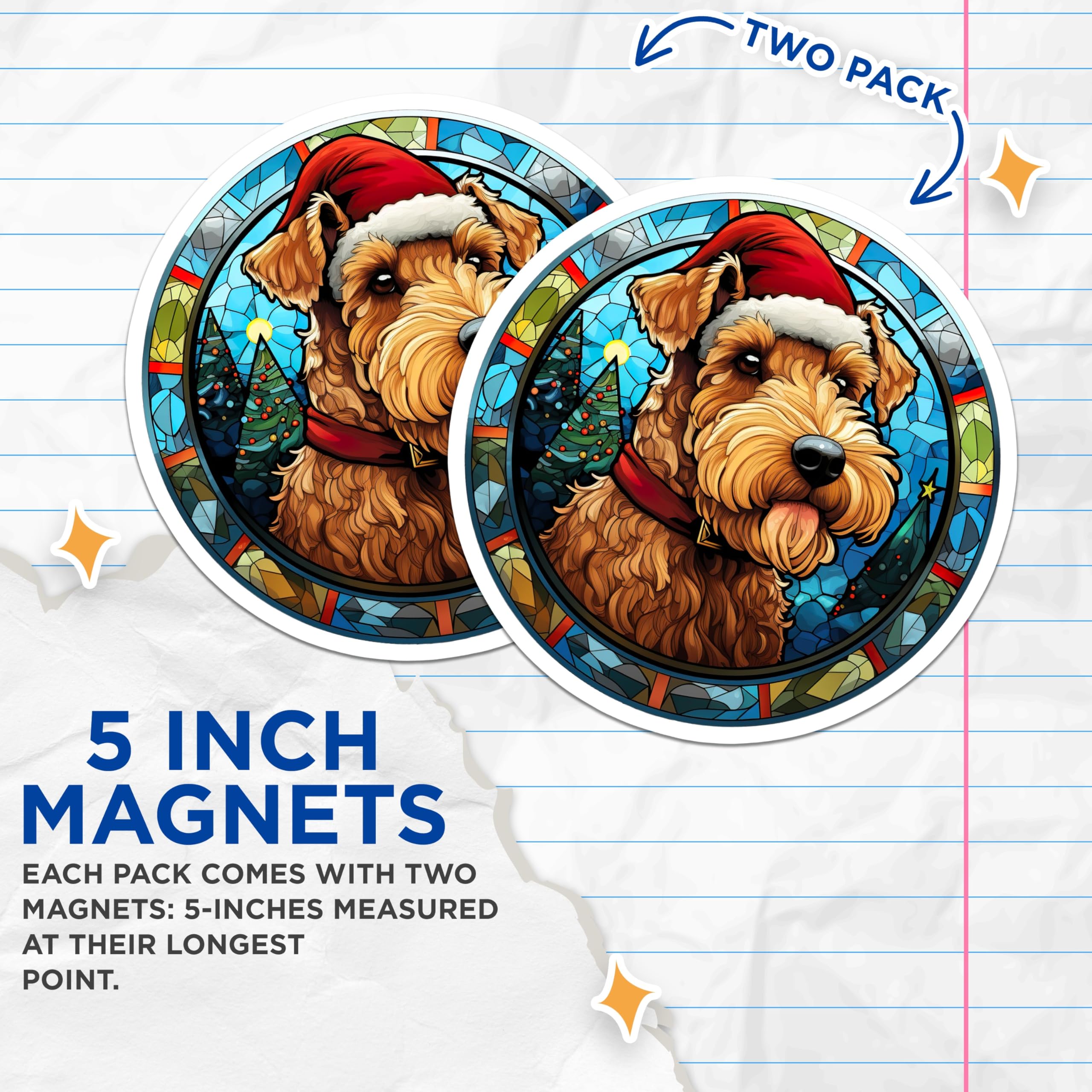 (2 Pack) Airedale Terrier Christmas Magnets - Stained Glass Dog Art - Holiday Fridge Decor - 5 Inches On Longest Side - Thick Durable Magnet - Made in USA - MAG27445