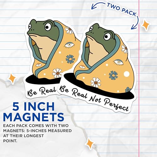 (2 Pack) Be Real Not Perfect Magnets - Frog Illustration - Inspirational Quote - 5" On Longest Side - for Cars, Fridges, Toolboxes - Made in USA - MAG6840