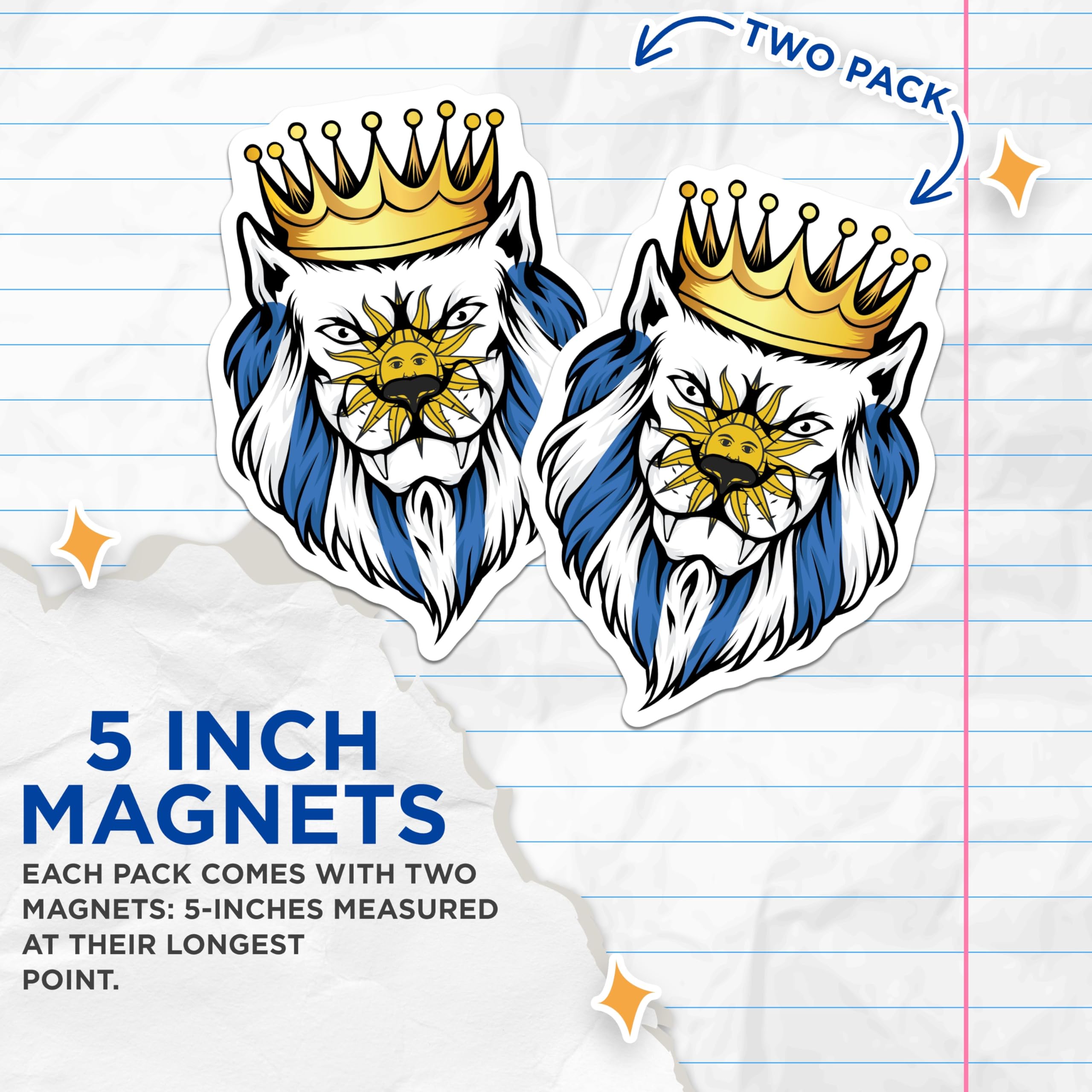 (2 Pack) Uruguay Lion King Magnets - Uruguayan Flag - Fridge Decor - Decorative Magnets - 5" On Longest Side - Premium Magnet - for Cars, Refrigerators, Toolboxes, Lockers - Made in USA - MAG17895