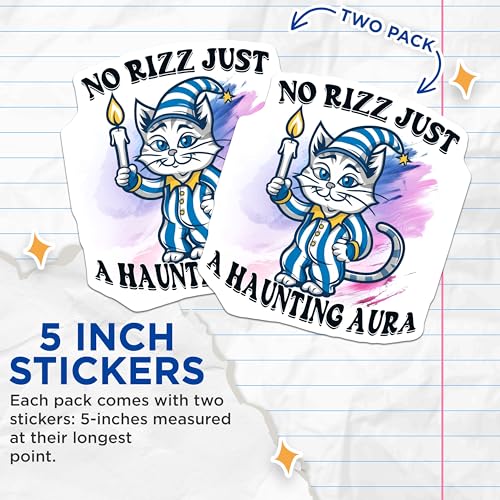 (2 Pack) No Rizz Just A Haunting Aura Stickers - Cute Cat - Funny Halloween - Kids and Adults - 5" On Longest Side - Sticks to Smooth Flat Surfaces - Made in USA - BMCS4343