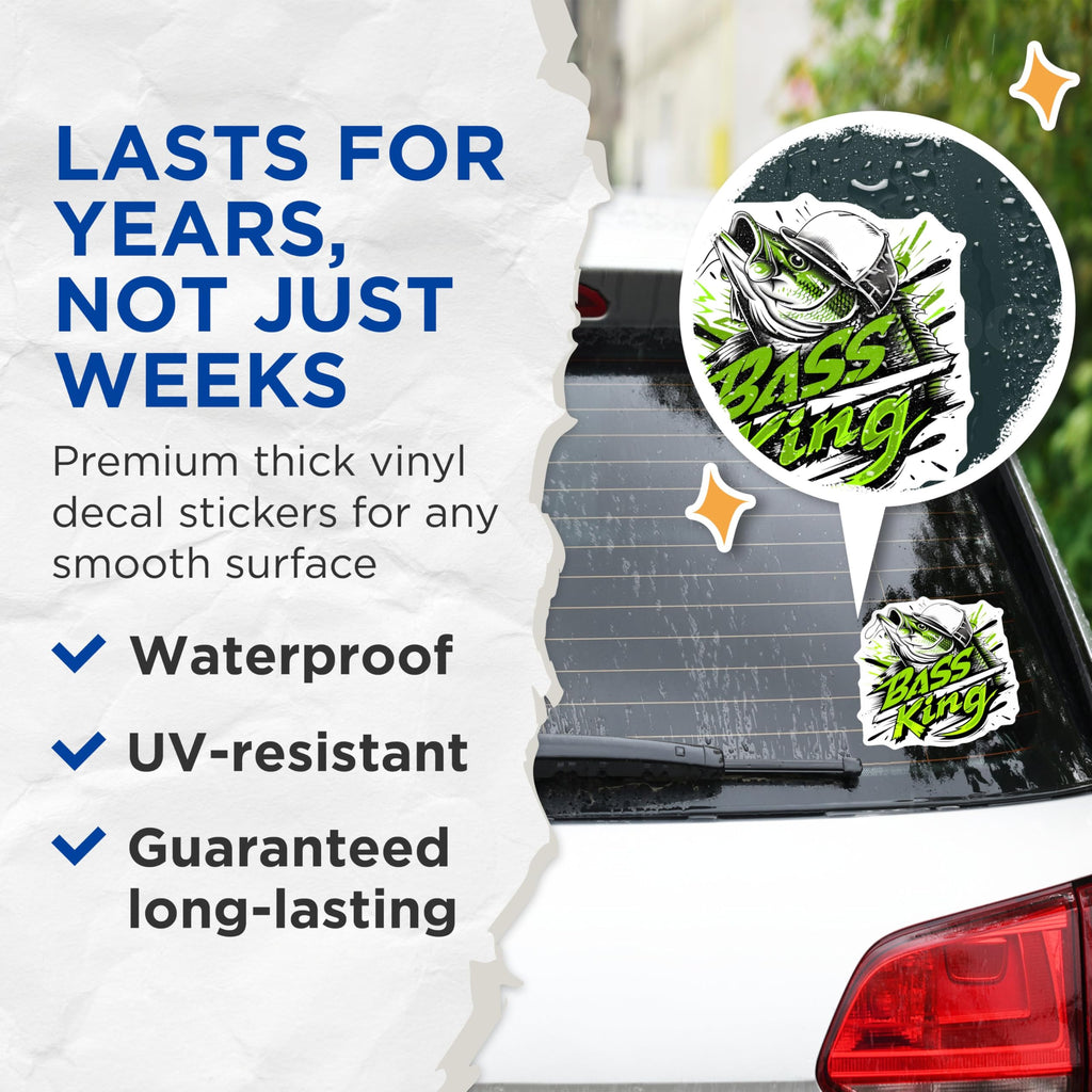 (2 Pack) Bass King Stickers - Fisherman Stickers - Fishing Enthusiast Stickers - 5" On Longest Side - Sticks to Any Smooth Flat Surface - Made in USA - BMCS3356