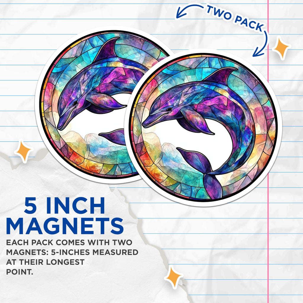 (2 Pack) Stained Glass Dolphin Magnets - Vibrant Ocean Art - Marine Life Decor - Fridge Magnets - Dolphin Lover Present - 5 Inches On Longest Side - Thick Durable Magnet - Made in USA - MAG27382