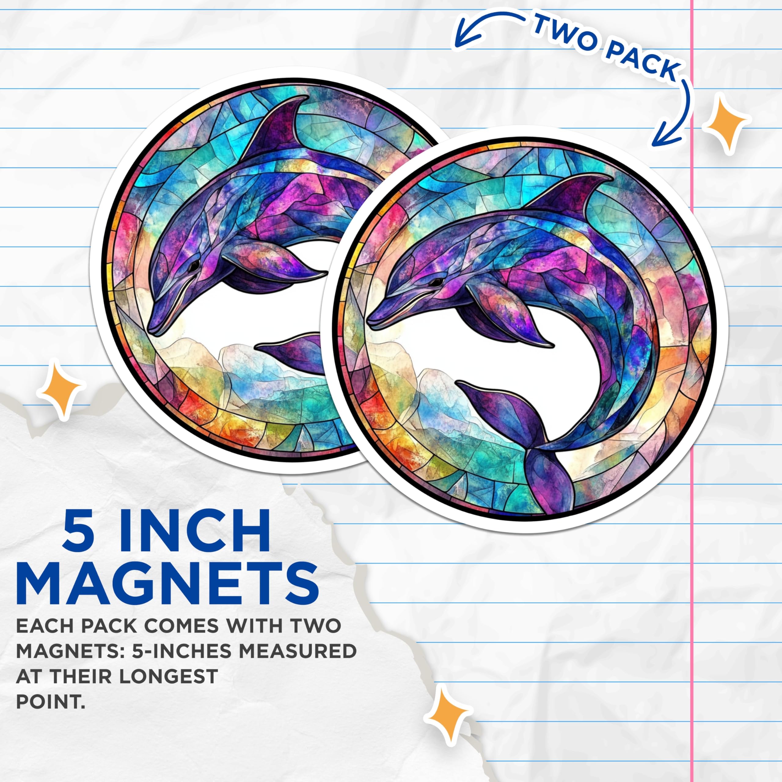 (2 Pack) Stained Glass Dolphin Magnets - Vibrant Ocean Art - Marine Life Decor - Fridge Magnets - Dolphin Lover Present - 5 Inches On Longest Side - Thick Durable Magnet - Made in USA - MAG27382